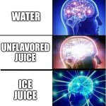 Yes | WATER; UNFLAVORED JUICE; ICE JUICE | image tagged in expanding brain 3 panels | made w/ Imgflip meme maker