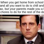 "its only a 'bit'" | When you get home from school and all you want to do is chill and relax, but your parents made you a list of chores to do for the rest of the day: | image tagged in annoyed | made w/ Imgflip meme maker