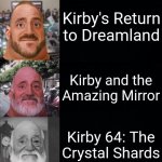 I tried making this meme | Your first Kirby game:; Kirby's Return to Dreamland Deluxe; Kirby Star Allies; Kirby Triple Deluxe; Kirby's Return to Dreamland; Kirby and the Amazing Mirror; Kirby 64: The Crystal Shards; Kirby's Dreamland 3; Kirby's Dreamland 2; Kirby's Adventure; Kirby's Dreamland | image tagged in mr incredible becoming old,memes,kirby,the good old days | made w/ Imgflip meme maker