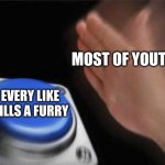 The anti-furry side of youtube | MOST OF YOUTUBE; EVERY LIKE KILLS A FURRY | image tagged in memes,blank nut button | made w/ Imgflip meme maker