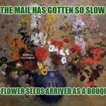 BOUQUET OF FLOWERS BY ODILON REDON | THE MAIL HAS GOTTEN SO SLOW; MEMEs by Dan Campbell; MY FLOWER SEEDS ARRIVED AS A BOUQUET | image tagged in bouquet of flowers by odilon redon | made w/ Imgflip meme maker