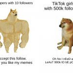 fr tho | Imgflippers with 10 followers; TikTok girls with 500k followers; I accept this follow. I hope you like my memes; Oh No I nEeD aT LeAsT 900k tO bE pOpuLaR | image tagged in memes,buff doge vs cheems | made w/ Imgflip meme maker