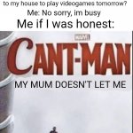 Fr | Friend: hey do you want to come to my house to play videogames tomorrow? Me: No sorry, im busy; Me if I was honest:; MY MUM DOESN'T LET ME | image tagged in can't man blank,memes,friends,mum,relatable,funny | made w/ Imgflip meme maker