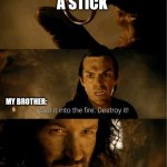 First meme | A STICK; MY BROTHER:; 5 YEAR OLD ME: | image tagged in cast it in the fire | made w/ Imgflip meme maker