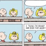Charlie Brown ruins Sally's eyes. meme