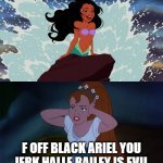 thumbelina hates black ariel & halle bailey | F OFF BLACK ARIEL YOU JERK HALLE BAILEY IS EVIL | image tagged in thumbelina hates who,mario,the little mermaid,ariel,animation,walt disney | made w/ Imgflip meme maker