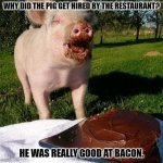 Daily Bad Dad Joke 09/22/2023 | WHY DID THE PIG GET HIRED BY THE RESTAURANT? HE WAS REALLY GOOD AT BACON. | image tagged in happy birthday pig | made w/ Imgflip meme maker