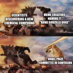 Kong Godzilla Doge | MEME CREATORS NAMING IT "KONG GODZILLA DOGE"; SCIENTISTS DISCOVERING A NEW CHEMICAL COMPOUND; NOBEL PRIZE COMMITTEE IN CONFUSION | image tagged in kong godzilla doge | made w/ Imgflip meme maker