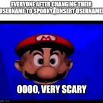 i mean i did it too so im not trying to offend anyone | EVERYONE AFTER CHANGING THEIR USERNAME TO SPOOKY_[INSERT USERNAME]; OOOO, VERY SCARY | image tagged in mario's tunnel of doom,scary,joke,no offense,funny | made w/ Imgflip meme maker