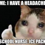 ICE | ME: I HAVE A HEADACHE; SCHOOL NURSE: ICE PACK | image tagged in approved crying cat | made w/ Imgflip meme maker