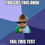 Baby parent | YOU GOT THIS DUDE; FAIL THIS TEST | image tagged in memes,success kid | made w/ Imgflip meme maker