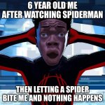 it hurts | 6 YEAR OLD ME AFTER WATCHING SPIDERMAN; THEN LETTING A SPIDER BITE ME AND NOTHING HAPPENS | image tagged in spiderman,relatable | made w/ Imgflip meme maker