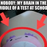 Testing this template, its new and I made it | NOBODY: MY BRAIN IN THE MIDDLE OF A TEST AT SCHOOL | image tagged in axolotl circle,first time using this template | made w/ Imgflip meme maker