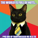 Black cat | THE WORLD IS FULL OF NUTS…; …AND ONE OF THEM DRESSED ME IN A TIE | image tagged in memes,business cat | made w/ Imgflip meme maker