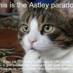 thinking cat | This is the Astley paradox. If you ask Rick Astley for his copy of "UP", he will refuse to give you the copy because he will never give you "up". But by doing so, he lets you down, thus creating the Astley paradox. | image tagged in thinking cat,paradox,memes,funny,fun,why are you reading the tags | made w/ Imgflip meme maker