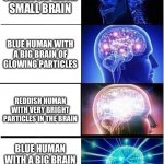 this meme has 0 upvotes. | BLUE SKELETON WITH SMALL BRAIN; BLUE HUMAN WITH A BIG BRAIN OF GLOWING PARTICLES; REDDISH HUMAN WITH VERY BRIGHT PARTICLES IN THE BRAIN; BLUE HUMAN WITH A BIG BRAIN SHOOTING OUT ELECTRICITY BALLS | image tagged in im bored | made w/ Imgflip meme maker