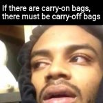 Wouldn't surprise me | *hits blunt*; If there are carry-on bags, there must be carry-off bags | image tagged in hits blunt,carry-on bags,carry on my wayward son,thoughts | made w/ Imgflip meme maker