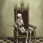 skeleton sitting on a throne