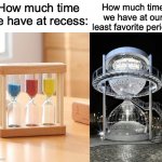 My least favorite is math, i'm falling behind in it :( | How much time we have at our least favorite period:; How much time we have at recess: | image tagged in small and big hourglass | made w/ Imgflip meme maker