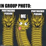 3 dragons dumb middle | IN GROUP PHOTO:; PHOTOGENIC PERSON; PHOTOGENIC PERSON; ME | image tagged in 3 dragons dumb middle | made w/ Imgflip meme maker