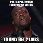 Kevin Hart | POSTS A POST WHICH TOOK FOREVER EDITING; TO ONLY GET 2 LIKES | image tagged in kevin hart | made w/ Imgflip meme maker
