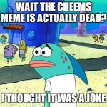 Spongebob I thought it was a joke | WAIT THE CHEEMS MEME IS ACTUALLY DEAD? I THOUGHT IT WAS A JOKE | image tagged in spongebob i thought it was a joke | made w/ Imgflip meme maker