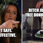 Karen Cat | BITCH JUST EAT THE FREE DONUT AND FRIES. IT'S NOT SAFE. IT'S NOT EFFECTIVE. | image tagged in karen cat | made w/ Imgflip meme maker
