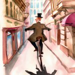 man with top hat on bicycle in a city