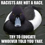 Angry Advice Mallard | RACISTS ARE NOT A RACE. TRY TO EDUCATE WHOEVER TOLD YOU THAT. | image tagged in angry advice mallard | made w/ Imgflip meme maker