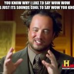 Ancient Aliens | YOU KNOW WHY I LIKE TO SAY WOW WOW ITS JUST ITS SOUNDS COOL TO SAY WOW YOU KNOW | image tagged in memes,ancient aliens | made w/ Imgflip meme maker