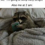 Like that's ever gonna happen | Me: "I'm going to sleep early tonight"; Also me at 2 am: | image tagged in raccoon in bed,memes,funny,true story,relatable memes,sleep | made w/ Imgflip meme maker