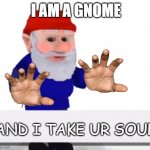 youve been gnomed | I AM A GNOME; AND I TAKE UR SOUL | image tagged in youve been gnomed | made w/ Imgflip meme maker