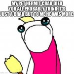 Sad | MY PET HERMIT CRAB DIED
YOU ALL PROBABLY THINK IT'S
JUST A CRAB BUT TO ME HE WAS MORE. | image tagged in sad clean all the things - hyperbole and a half | made w/ Imgflip meme maker