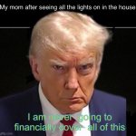 Mom’s never gonna have the money (she does) | My mom after seeing all the lights on in the house:; I am never  going to financially cover  all of this | image tagged in memes,donald trump | made w/ Imgflip meme maker