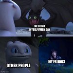 Toothless presents himself | ME BEING MYSELF EVERY DAY; OTHER PEOPLE; MY FRIENDS | image tagged in toothless presents himself | made w/ Imgflip meme maker