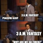 Hey, it's me. Yay. | 3 A.M. FANTASY; PEACEFUL SLEEP; 3 A.M. FANTASY; "WHY ARE WE SO TIRED?" | image tagged in memes,who killed hannibal | made w/ Imgflip meme maker