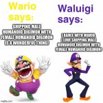 Wario and Waluigi enjoy shipping Male Humanoid Digimon with Female Humanoid Digimon | SHIPPING MALE HUMANOID DIGIMON WITH FEMALE HUMANOID DIGIMON IS A WONDERFUL THING! I AGREE WITH WARIO. I LOVE SHIPPING MALE HUMANOID DIGIMON WITH FEMALE HUMANOID DIGIMON! | image tagged in views on wario and waluigi | made w/ Imgflip meme maker