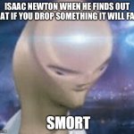 Smort full screen | ISAAC NEWTON WHEN HE FINDS OUT THAT IF YOU DROP SOMETHING IT WILL FALL | image tagged in smort full screen | made w/ Imgflip meme maker