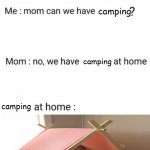 Okay pack your bags! *walks 0.001 miles* We're here! | camping; camping; camping | image tagged in can we have no we have at home at home | made w/ Imgflip meme maker