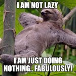 Lazy Sloth | I AM NOT LAZY; I AM JUST DOING NOTHING.. FABULOUSLY! | image tagged in lazy sloth | made w/ Imgflip meme maker