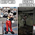 Basement Mickey Mouse | SECOND GOOGLE PAGE; DEEP WEB | image tagged in basement mickey mouse,memes,funny | made w/ Imgflip meme maker