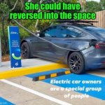 Special group | She could have reversed into the space | image tagged in electric car owner,special group,could reverse in | made w/ Imgflip meme maker