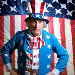 Uncle Sam in front of American flag