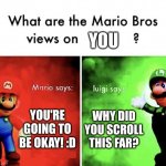 Dude, are you okay? | YOU; YOU'RE GOING TO BE OKAY! :D; WHY DID YOU SCROLL THIS FAR? | image tagged in mario bros views | made w/ Imgflip meme maker
