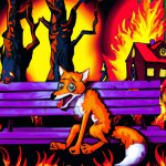 terrified fox sitting on a bench while forest is burning