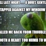 Kermit rain | RAIN FELL LAST NIGHT . . .  A QUIET, GENTLE RAIN; THAT TAPPED AGAINST MY WINDOW PANE; MEMEs by Dan Campbell; AND CALLED ME BACK FROM TROUBLED SLEEP; TO SOOTH A HEART TOO NUMB TO WEEP | image tagged in kermit rain | made w/ Imgflip meme maker