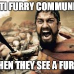 They should stop. | ANTI FURRY COMMUNITY; WHEN THEY SEE A FURRY | image tagged in memes,sparta leonidas | made w/ Imgflip meme maker