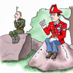 Redcoat sitting on a rock next to an american soilder