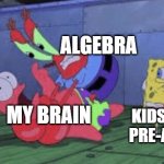 Algebruh-_- | ALGEBRA; MY BRAIN; KIDS TAKING PRE-ALGEBRA | image tagged in mr krabs choking patrick | made w/ Imgflip meme maker