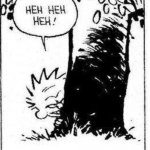 CALVIN LAUGHS BEHIND A TREE